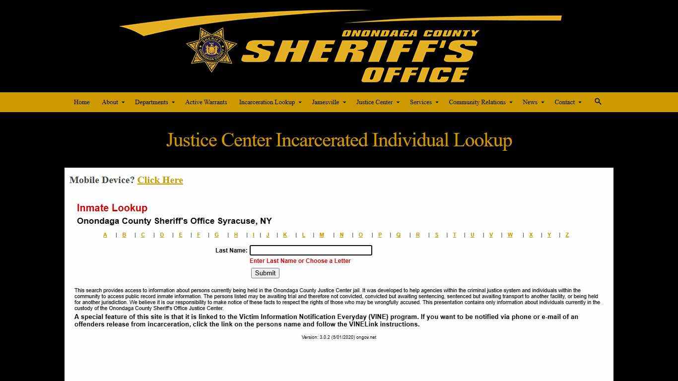 Justice Center Incarcerated Individual Lookup – Onondaga County Sheriff's Office